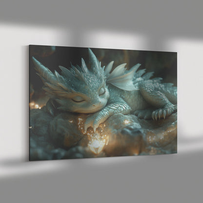 Baby Dragon Resting on Glowing Crystal Surrounded by Shimmering Light and Mist in Magical Cave Canvas Wall Art - Awakening Righteousness
