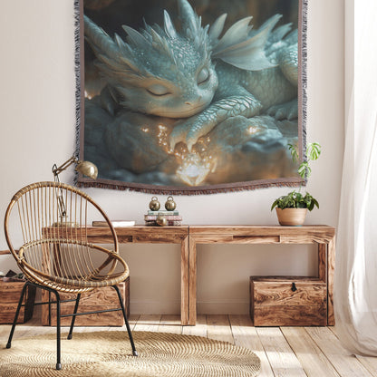Baby Dragon Resting on Glowing Crystal with Shimmering Light and Mist in Magical Cave Woven Throw Blanket - Awakening Righteousness
