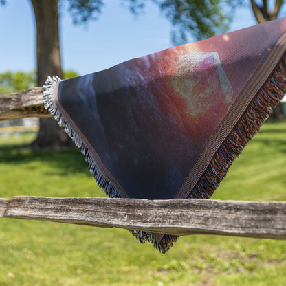 Baby Dragon Resting on Glowing Crystal with Shimmering Light and Mist in Magical Cave Woven Throw Blanket - Awakening Righteousness