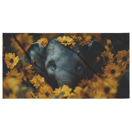 Baby Elephant Beach Towel With Bright Yellow Flowers and Captivating Blue Eyes for Nature Lovers Unique Design - Awakening Righteousness