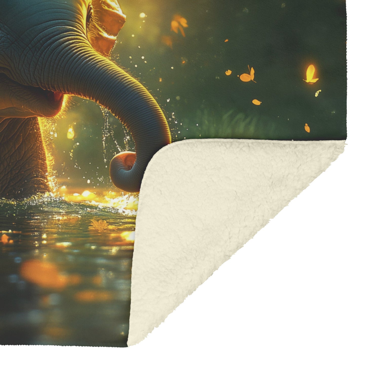 Baby Elephant Playing in Crystal Clear River Glowing Green Trees Soft Golden Sunlight Serene Sherpa Fleece Blanket - Awakening Righteousness