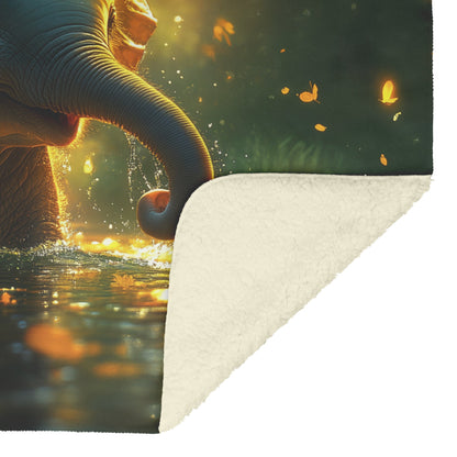Baby Elephant Playing in Crystal Clear River Glowing Green Trees Soft Golden Sunlight Serene Sherpa Fleece Blanket - Awakening Righteousness