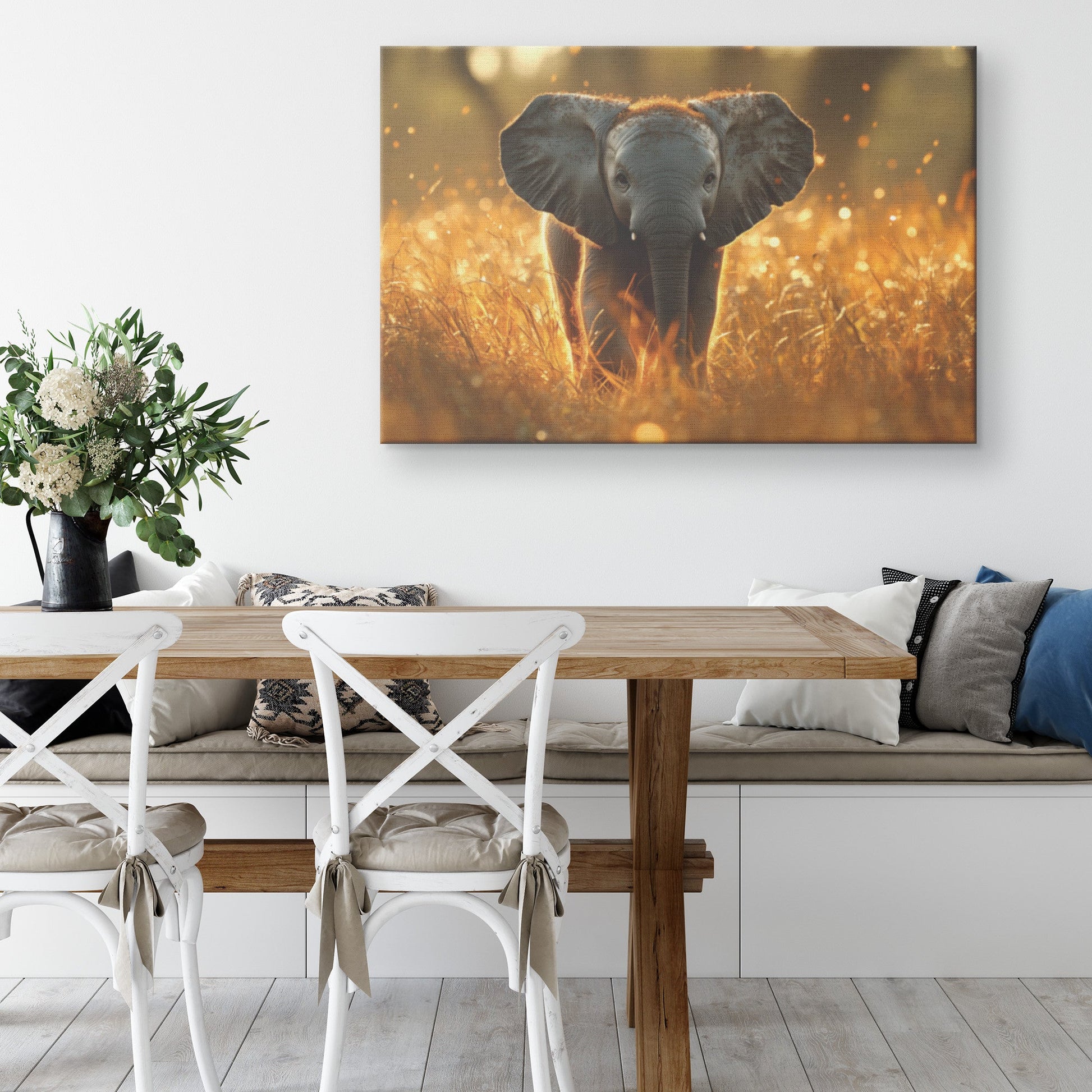 Baby Elephant Walking Through Tall Golden Grass Soft Sunlight Natural Scenery Wildlife Canvas Wall Art - Awakening Righteousness