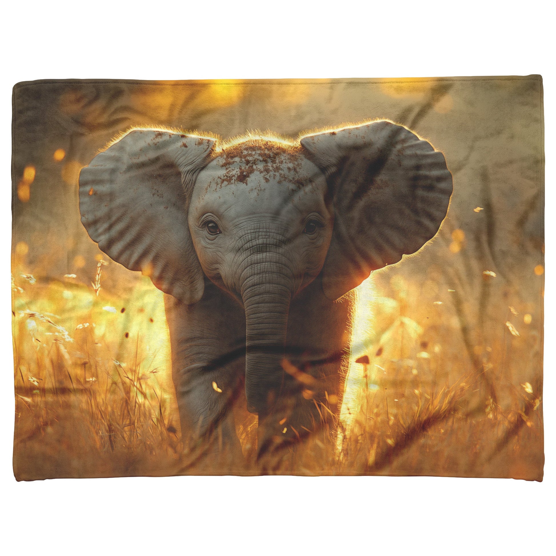 Baby Elephant Walking Through Tall Golden Grass Surrounded by Soft Sunlight Hyper-Detailed Natural Scenery Blanket - Awakening Righteousness