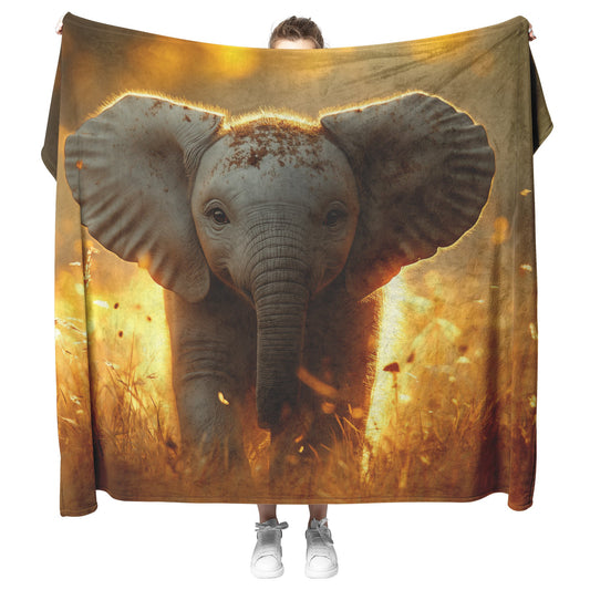 Baby Elephant Walking Through Tall Golden Grass Surrounded by Soft Sunlight Hyper-Detailed Natural Scenery Blanket - Awakening Righteousness