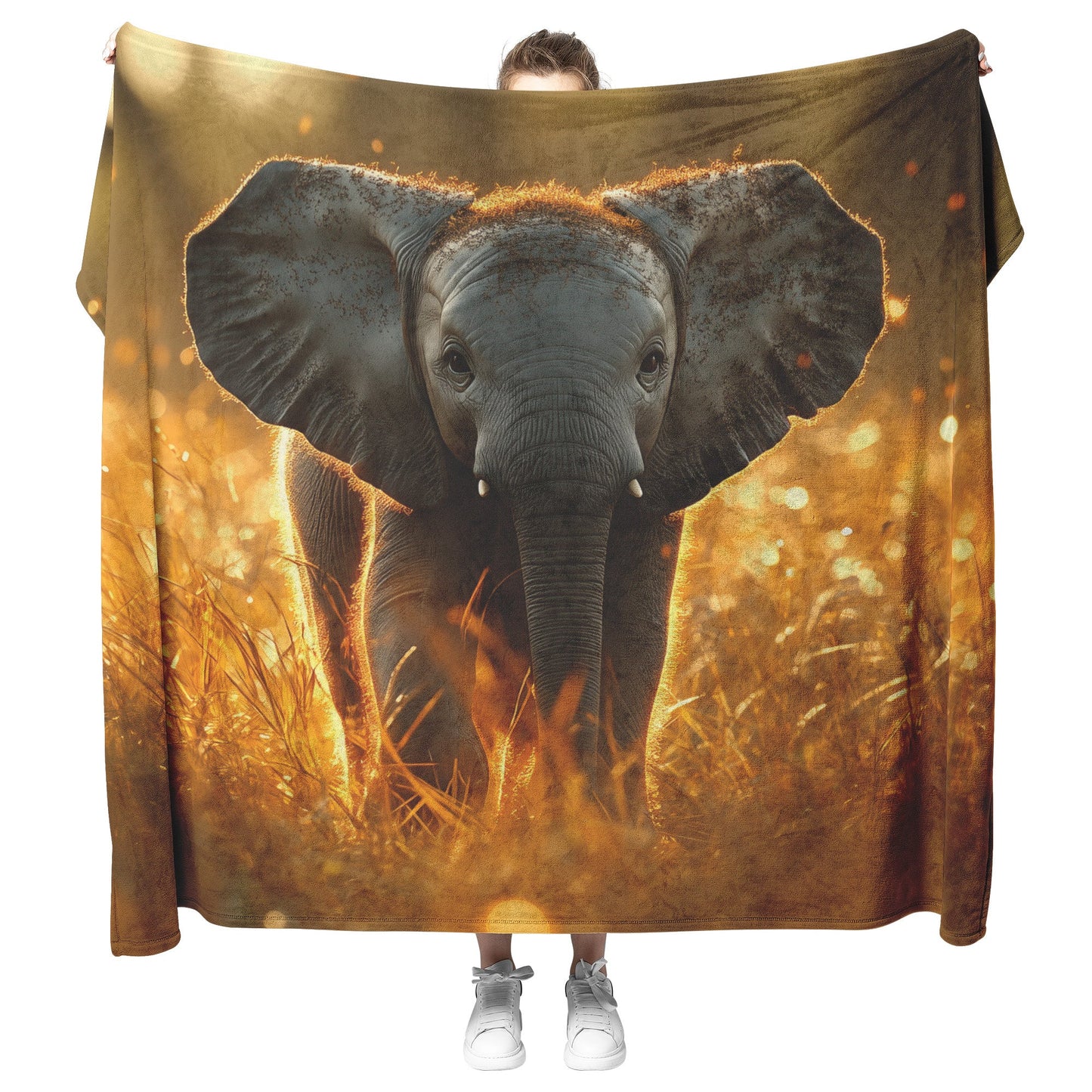 Baby Elephant Walking Through Tall Golden Grass Surrounded by Soft Sunlight Hyper Detailed Natural Scenery Blanket - Awakening Righteousness