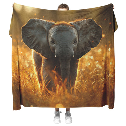 Baby Elephant Walking Through Tall Golden Grass Surrounded by Soft Sunlight Hyper Detailed Natural Scenery Blanket - Awakening Righteousness