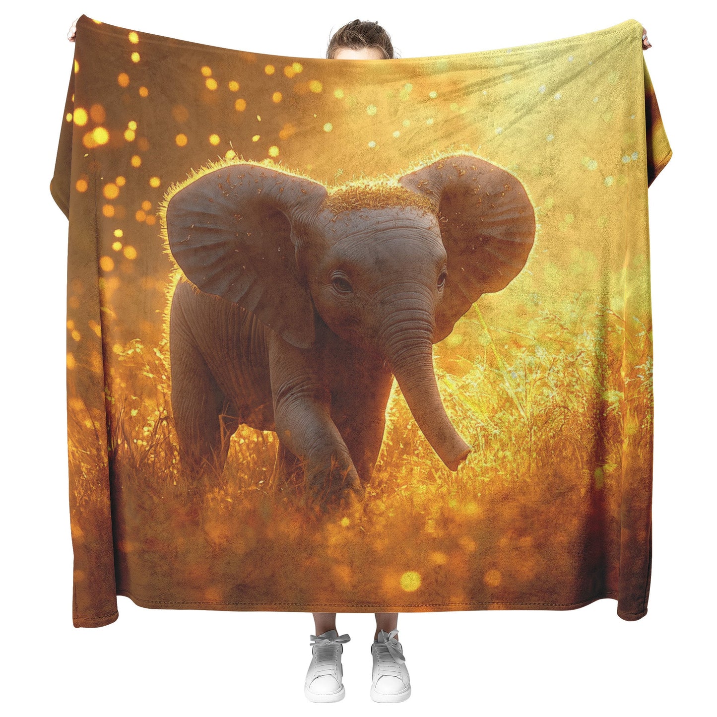 Baby Elephant Walking Through Tall Golden Grass Surrounded by Soft Sunlight Hyper-Detailed Natural Scenery Blanket - Awakening Righteousness