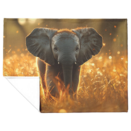Baby Elephant Walking Through Tall Golden Grass Surrounded by Soft Sunlight Hyper Detailed Natural Scenery Blanket - Awakening Righteousness