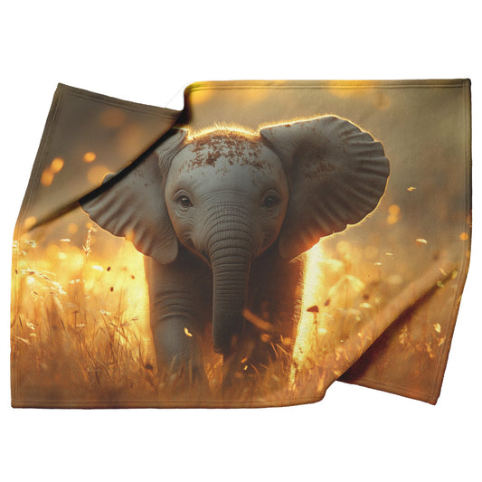 Baby Elephant Walking Through Tall Golden Grass Surrounded by Soft Sunlight Hyper-Detailed Natural Scenery Blanket - Awakening Righteousness