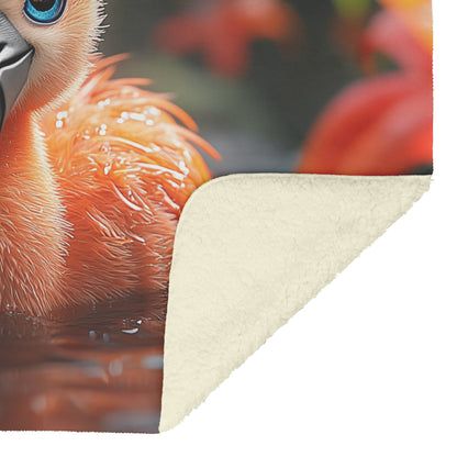 Baby Flamingo with Blue Eyes in Tropical Water Cozy Fleece Sherpa Blanket - Awakening Righteousness