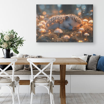 Baby Hedgehog Curled Up on Glowing Moss with Bioluminescent Mushrooms Under Twilight Sky Canvas Wall Art - Awakening Righteousness