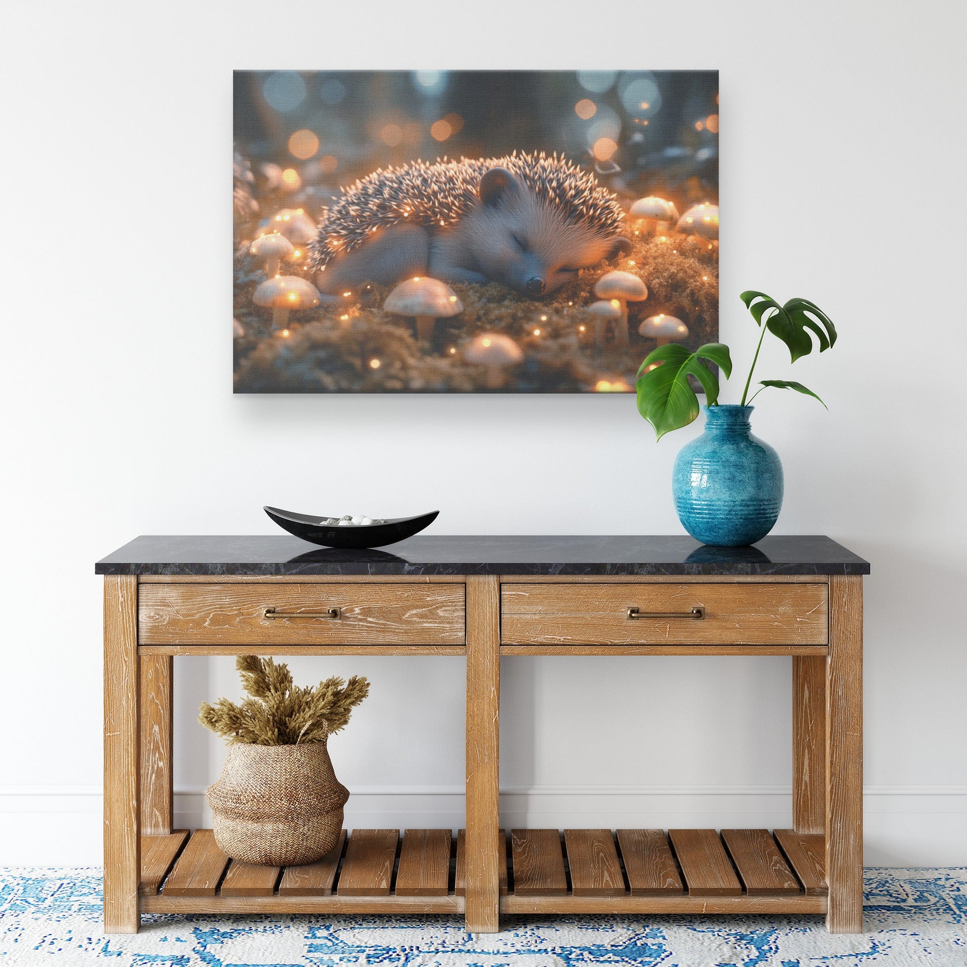 Baby Hedgehog Curled Up on Glowing Moss with Bioluminescent Mushrooms Under Twilight Sky Canvas Wall Art - Awakening Righteousness