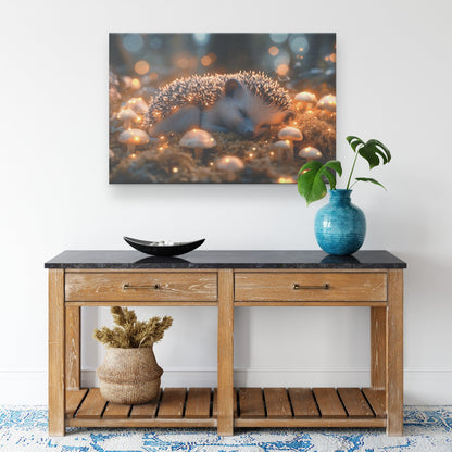 Baby Hedgehog Curled Up on Glowing Moss with Bioluminescent Mushrooms Under Twilight Sky Canvas Wall Art - Awakening Righteousness