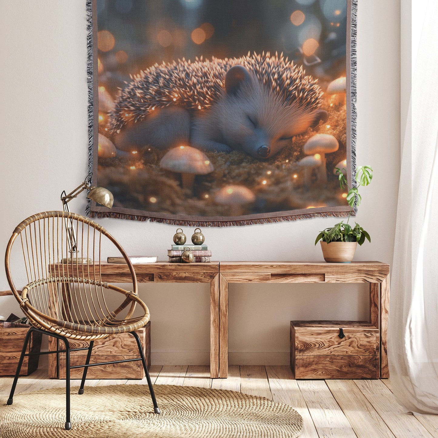 Baby Hedgehog on Glowing Moss with Bioluminescent Mushrooms Under Twilight Sky Woven Throw Blanket - Awakening Righteousness