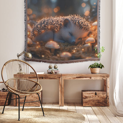 Baby Hedgehog on Glowing Moss with Bioluminescent Mushrooms Under Twilight Sky Woven Throw Blanket - Awakening Righteousness