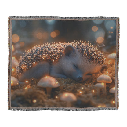 Baby Hedgehog on Glowing Moss with Bioluminescent Mushrooms Under Twilight Sky Woven Throw Blanket - Awakening Righteousness