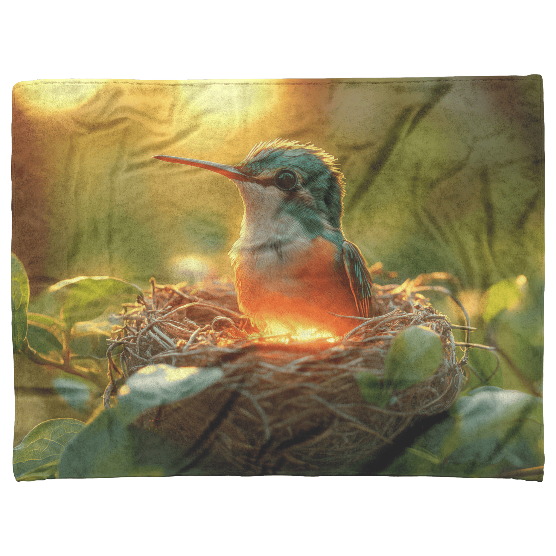 Baby Hummingbird Sitting in Glowing Nest Surrounded by Green Leaves and Golden Light Filtering Through Forest Canopy Fleece Sherpa Blanket - Awakening Righteousness