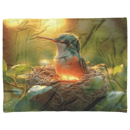Baby Hummingbird Sitting in Glowing Nest Surrounded by Green Leaves and Golden Light Filtering Through Forest Canopy Fleece Sherpa Blanket - Awakening Righteousness