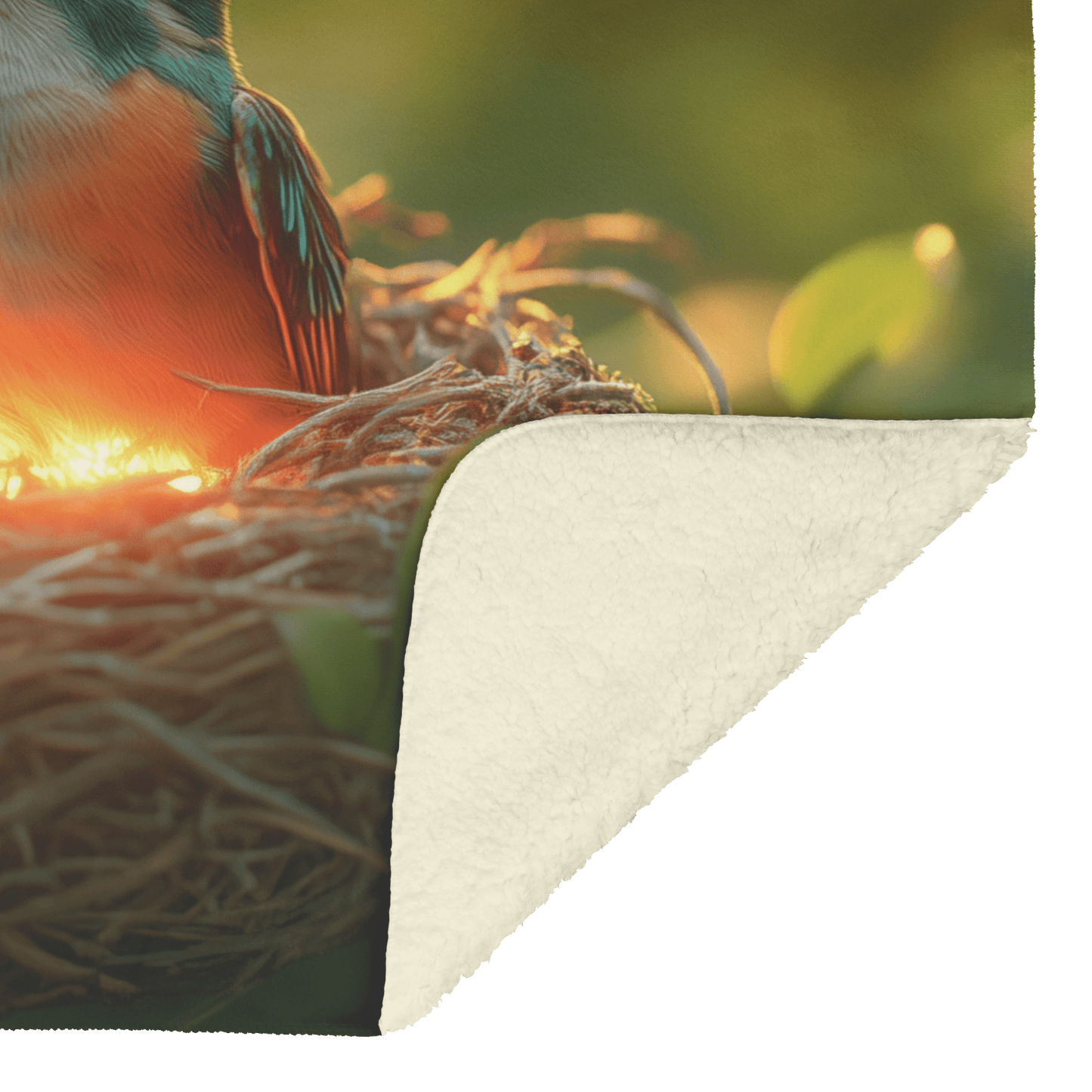 Baby Hummingbird Sitting in Glowing Nest Surrounded by Green Leaves and Golden Light Filtering Through Forest Canopy Fleece Sherpa Blanket - Awakening Righteousness