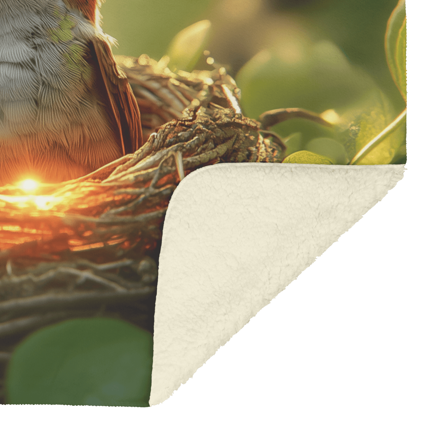 Baby Hummingbird Sitting in Glowing Nest Surrounded by Green Leaves and Golden Light Filtering Through Forest Canopy Fleece Sherpa Blanket - Awakening Righteousness