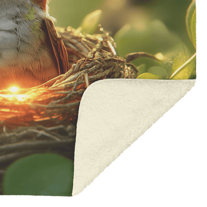 Baby Hummingbird Sitting in Glowing Nest Surrounded by Green Leaves and Golden Light Filtering Through Forest Canopy Fleece Sherpa Blanket - Awakening Righteousness