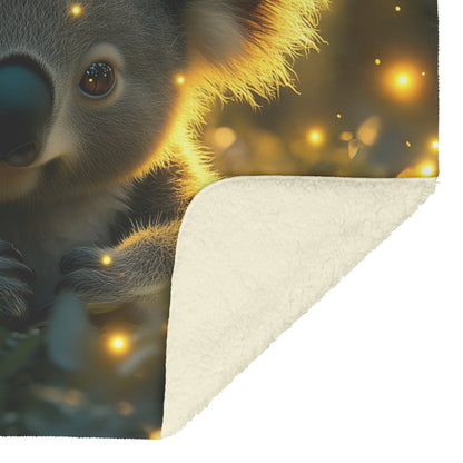 Baby Koala Sitting in Magical Forest Surrounded by Glowing Fireflies and Soft Green Light Fleece Sherpa Blanket - Awakening Righteousness