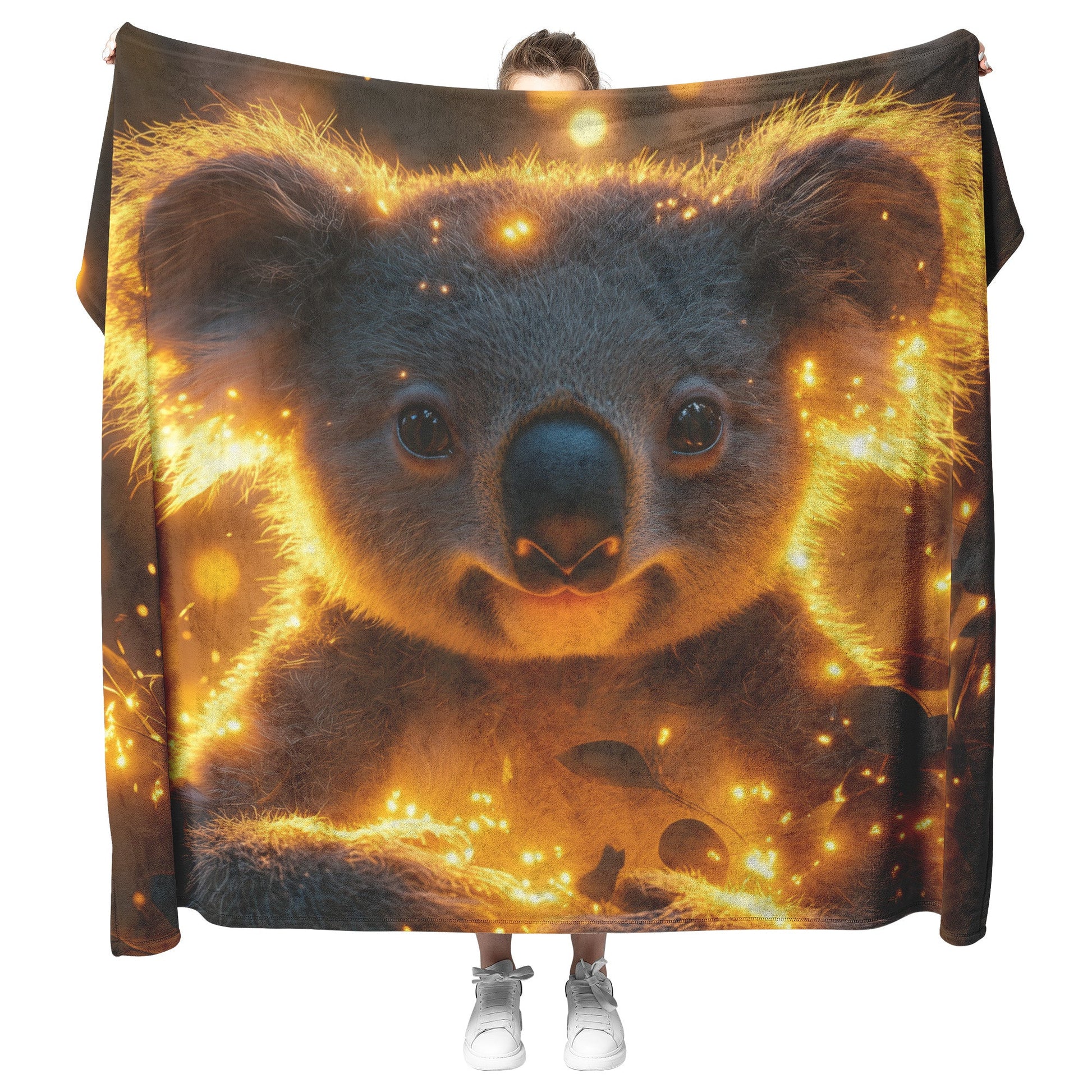Baby Koala Sitting in Magical Forest Surrounded by Glowing Fireflies and Soft Green Light Fleece Sherpa Blanket - Awakening Righteousness