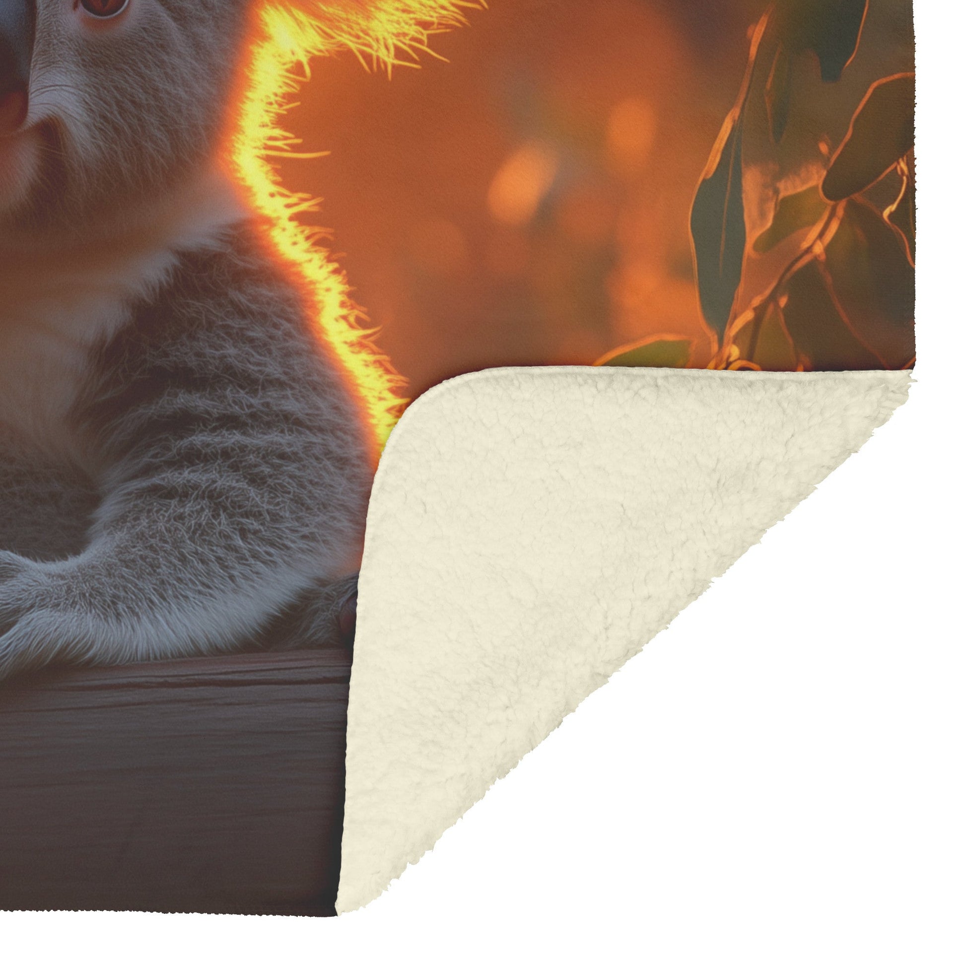 Baby Koala Sitting on Wooden Fence Under Glowing Orange Sunset with Intricate Fur and Warm Light Fleece Sherpa Blanket - Awakening Righteousness