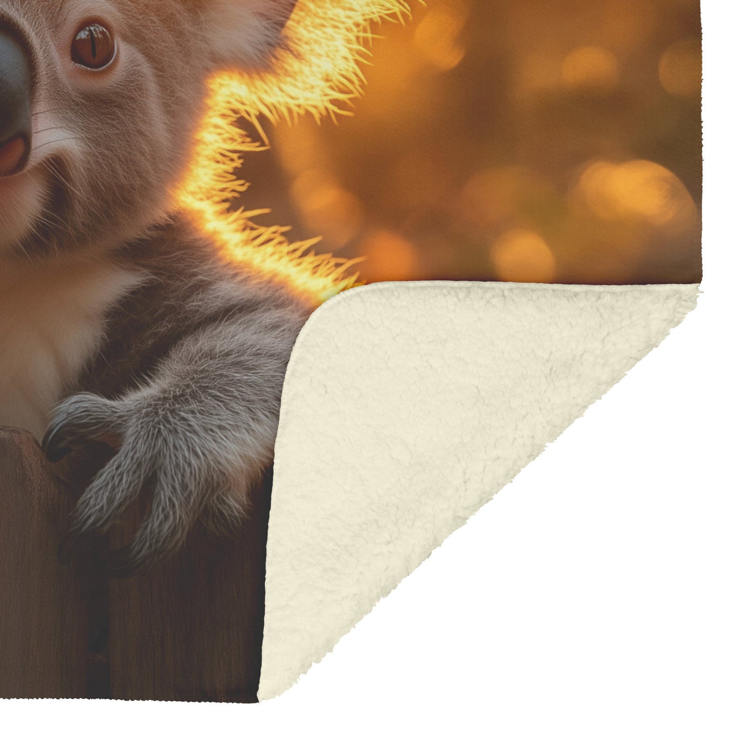 Baby Koala Sitting on Wooden Fence Under Glowing Orange Sunset with Intricate Fur and Warm Light Fleece Sherpa Blanket - Awakening Righteousness
