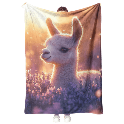 Baby Llama Resting in Field of Lavender Flowers Surrounded by Soft Glowing Light Fleece Sherpa Blanket - Awakening Righteousness