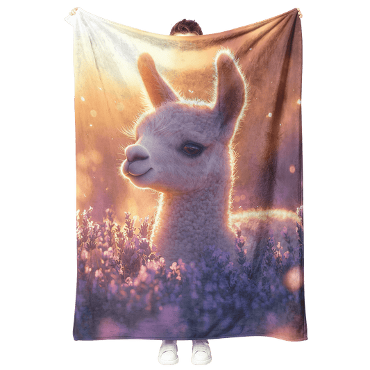Baby Llama Resting in Field of Lavender Flowers Surrounded by Soft Glowing Light Fleece Sherpa Blanket - Awakening Righteousness