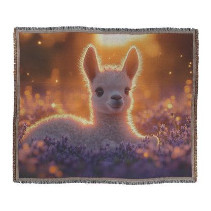 Baby Llama Resting in Lavender Field Surrounded by Soft Glowing Light on Woven Throw Blanket - Awakening Righteousness