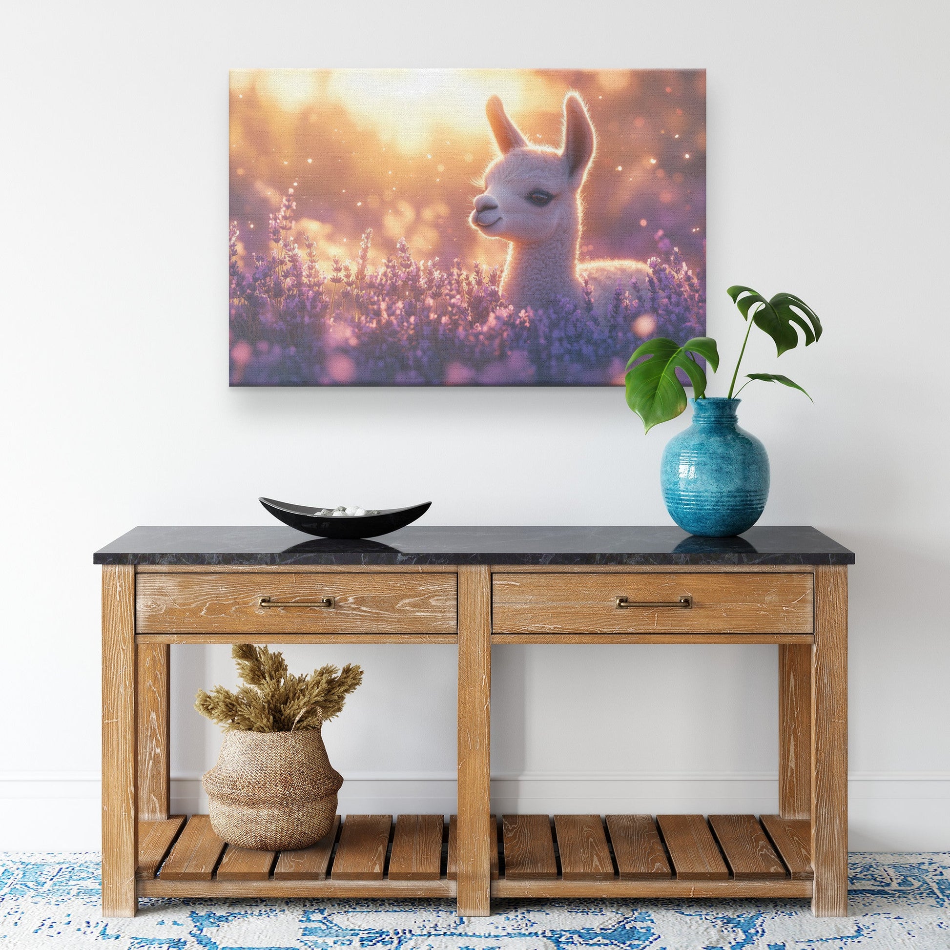 Baby Llama Resting in Lavender Field with Soft Glowing Light Peaceful and Serene Canvas Wall Art Decor - Awakening Righteousness