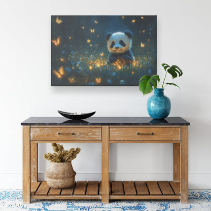 Baby Panda Playing with Glowing Butterflies in Vibrant Green Meadow Under Twilight Sky Canvas Wall Art Decor - Awakening Righteousness