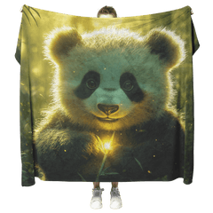 Baby Panda Playing with Glowing Butterflies Twilight Sky Vibrant Green Meadow Magical Serene Sherpa Fleece Blanket - Awakening Aesthetics