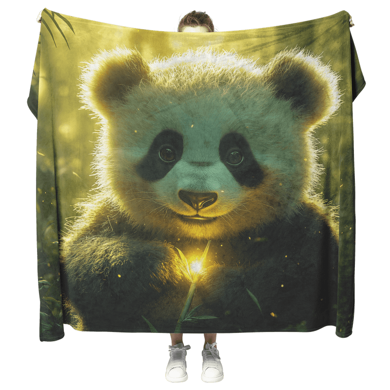 Baby Panda Playing with Glowing Butterflies Twilight Sky Vibrant Green Meadow Magical Serene Sherpa Fleece Blanket - Awakening Aesthetics