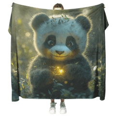 Baby Panda Playing with Glowing Butterflies Twilight Sky Vibrant Green Meadow Magical Serene Sherpa Fleece Blanket - Awakening Aesthetics