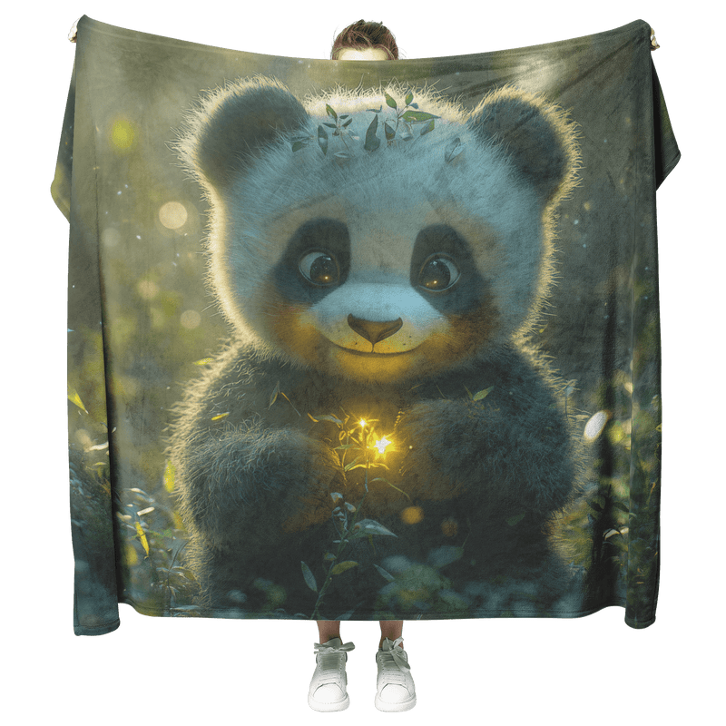 Baby Panda Playing with Glowing Butterflies Twilight Sky Vibrant Green Meadow Magical Serene Sherpa Fleece Blanket - Awakening Aesthetics