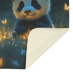 Baby Panda Playing with Glowing Butterflies Vibrant Green Meadow Twilight Sky Magical Serene Fleece Sherpa Blanket - Awakening Aesthetics