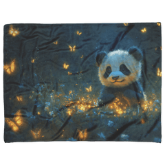 Baby Panda Playing with Glowing Butterflies Vibrant Green Meadow Twilight Sky Magical Serene Fleece Sherpa Blanket - Awakening Aesthetics