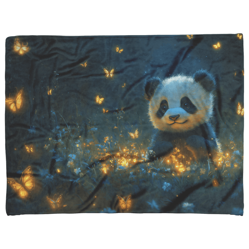Baby Panda Playing with Glowing Butterflies Vibrant Green Meadow Twilight Sky Magical Serene Fleece Sherpa Blanket - Awakening Aesthetics