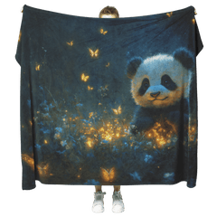 Baby Panda Playing with Glowing Butterflies Vibrant Green Meadow Twilight Sky Magical Serene Fleece Sherpa Blanket - Awakening Aesthetics