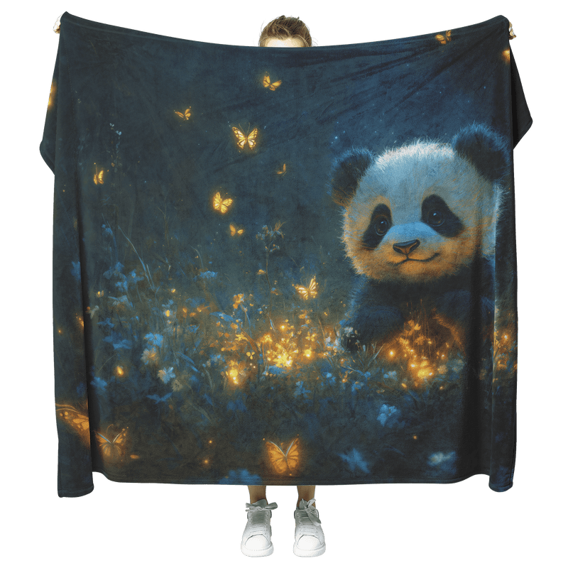 Baby Panda Playing with Glowing Butterflies Vibrant Green Meadow Twilight Sky Magical Serene Fleece Sherpa Blanket - Awakening Aesthetics