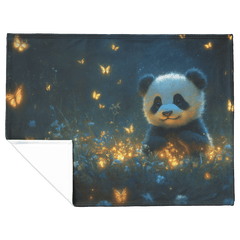 Baby Panda Playing with Glowing Butterflies Vibrant Green Meadow Twilight Sky Magical Serene Fleece Sherpa Blanket - Awakening Aesthetics