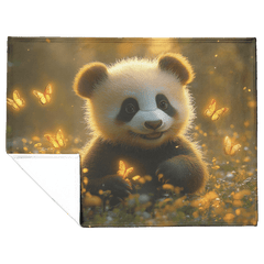 Baby Panda Playing with Glowing Butterflies Vibrant Green Meadow Twilight Sky Magical Serene Sherpa Fleece Blanket - Awakening Aesthetics
