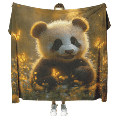Baby Panda Playing with Glowing Butterflies Vibrant Green Meadow Twilight Sky Magical Serene Sherpa Fleece Blanket - Awakening Aesthetics