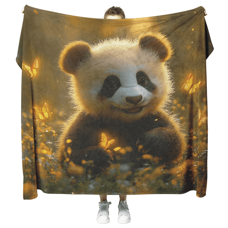 Baby Panda Playing with Glowing Butterflies Vibrant Green Meadow Twilight Sky Magical Serene Sherpa Fleece Blanket - Awakening Aesthetics
