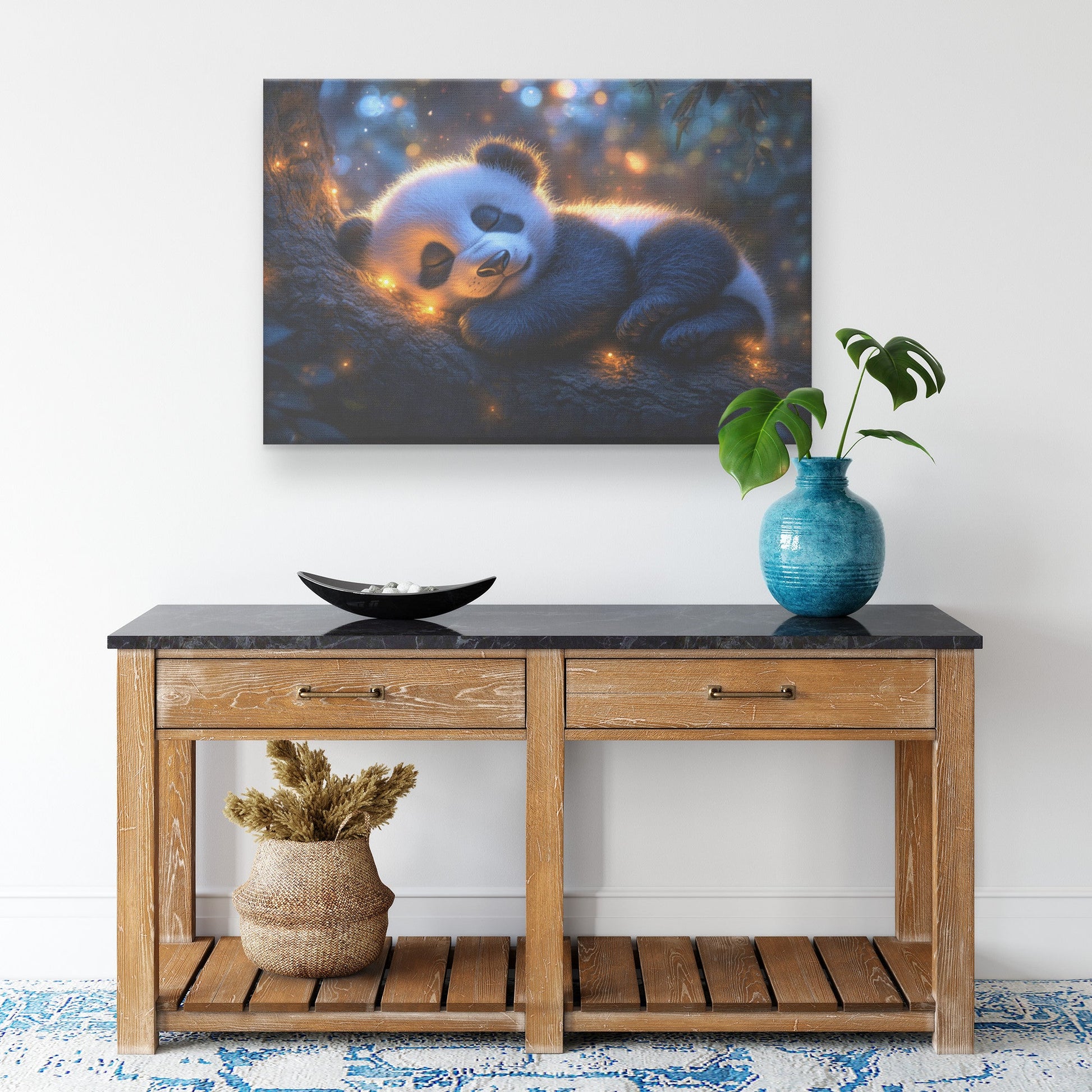 Baby Panda Sleeping Peacefully on Glowing Tree Branch Under Twilight Sky with Soft Light Magical Canvas Wall Art - Awakening Righteousness