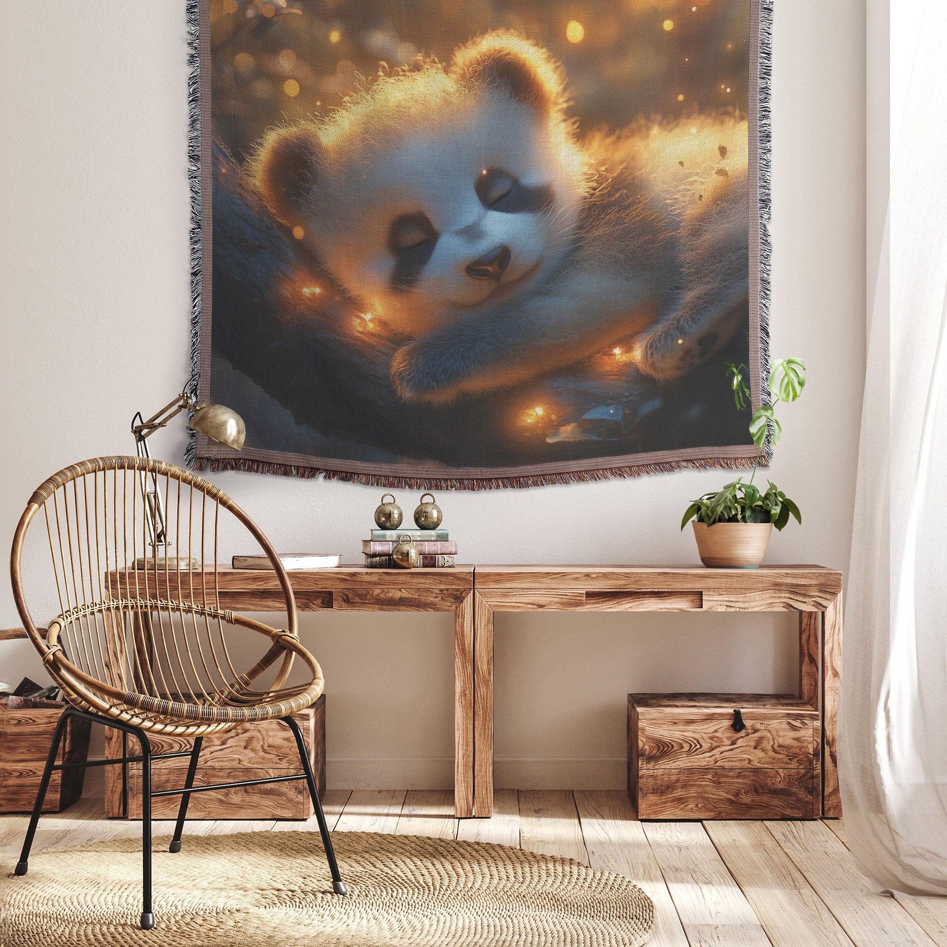 Baby Panda Sleeping Peacefully on Glowing Tree Branch Under Twilight Sky Woven Throw Blanket - Awakening Righteousness